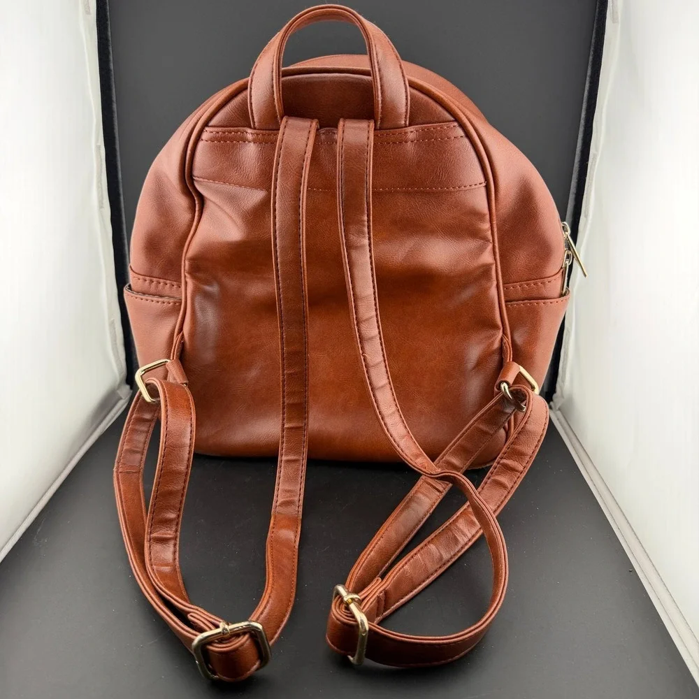 Coofit Womens Backpack Brown Cognac Leather Inner Pockets Adjustable Strap Bag